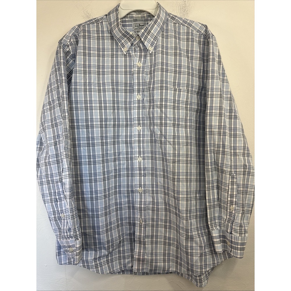 L.L. Bean Men's Wrinkle Resistant Button-Down Blue Plaid Long Sleeve Cotton